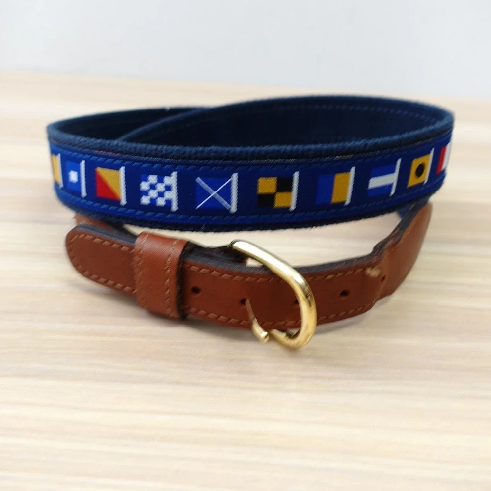 ZEP PRO Canvas Belt Mens 40 L Navy Nautical Flag Leather Solid‎ Brass Buckle USA